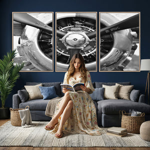 Vintage Propeller Plane Wall Art Canvas Print, Black and