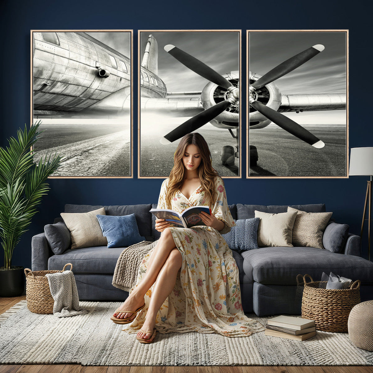 Vintage Airplane Wall Art Canvas Print, Black and White