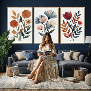 Watercolor Botanical Canvas Wall Art Set, Navy Terracotta