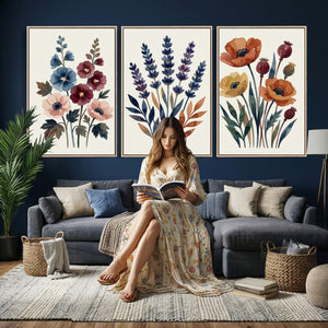 Watercolor Botanical Canvas Wall Art Set, Navy Terracotta
