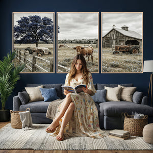 Texas Longhorn Canvas Wall Art, Rustic Farm Barn Bluebonnet