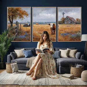 Texas Longhorn Canvas Wall Art, Rustic Farm Barn Bluebonnet