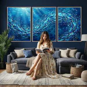 School of Fish Canvas Print | Blue Ocean Underwater Wall Art