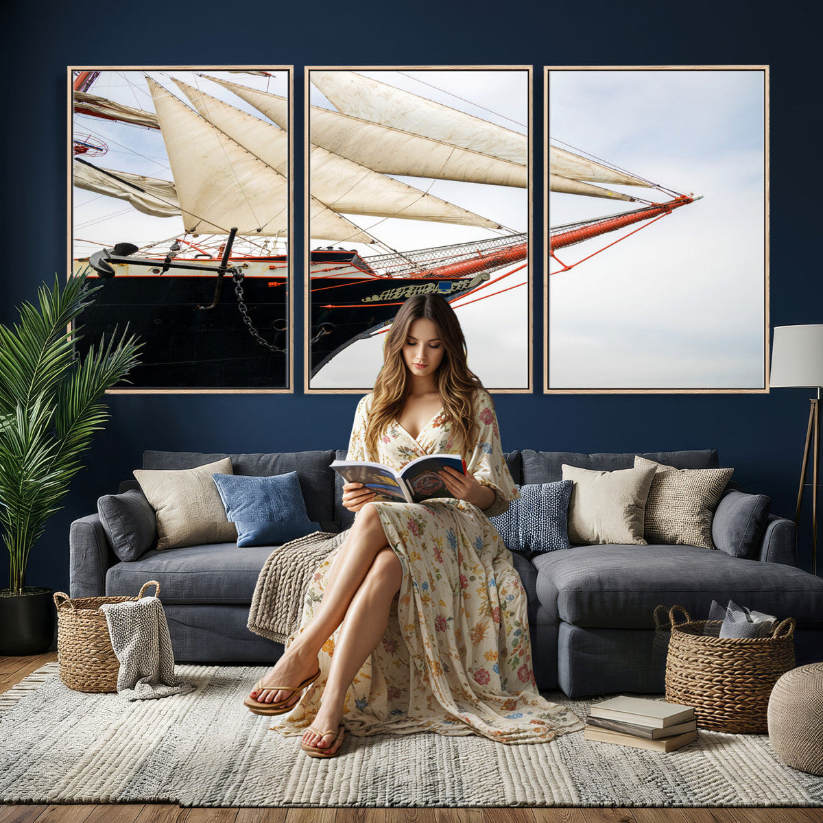 Sailboat Wall Art Canvas Print, Vintage Ship Bow Framed