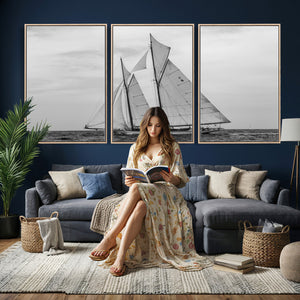 Vintage Sailboat Wall Art Canvas Print, Black and White