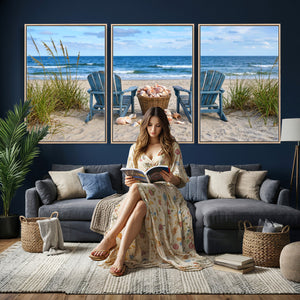 Large Beach Canvas Wall Art Coastal Adirondack Chairs Ocean