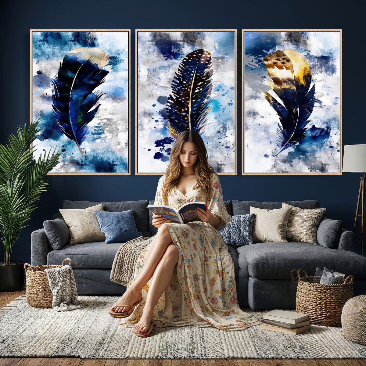 Feather Canvas Wall Art Navy Blue Gold Watercolor Abstract