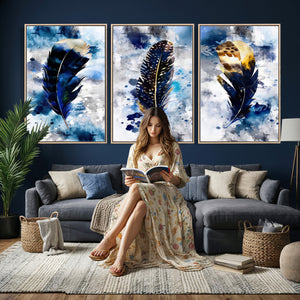 Feather Canvas Wall Art Navy Blue Gold Watercolor Abstract