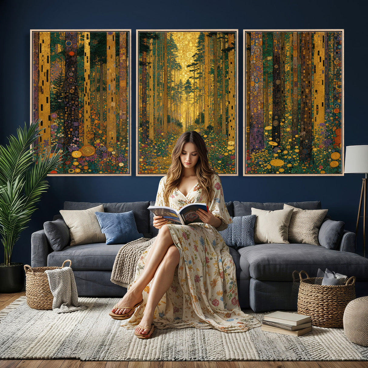 Gustav Klimt Style Forest Canvas Wall Art, Golden Forest Path Floral Art Nouveau Print, Enchanted Woodland Decor
