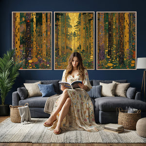 Gustav Klimt Style Forest Canvas Wall Art, Golden Forest Path Floral Art Nouveau Print, Enchanted Woodland Decor