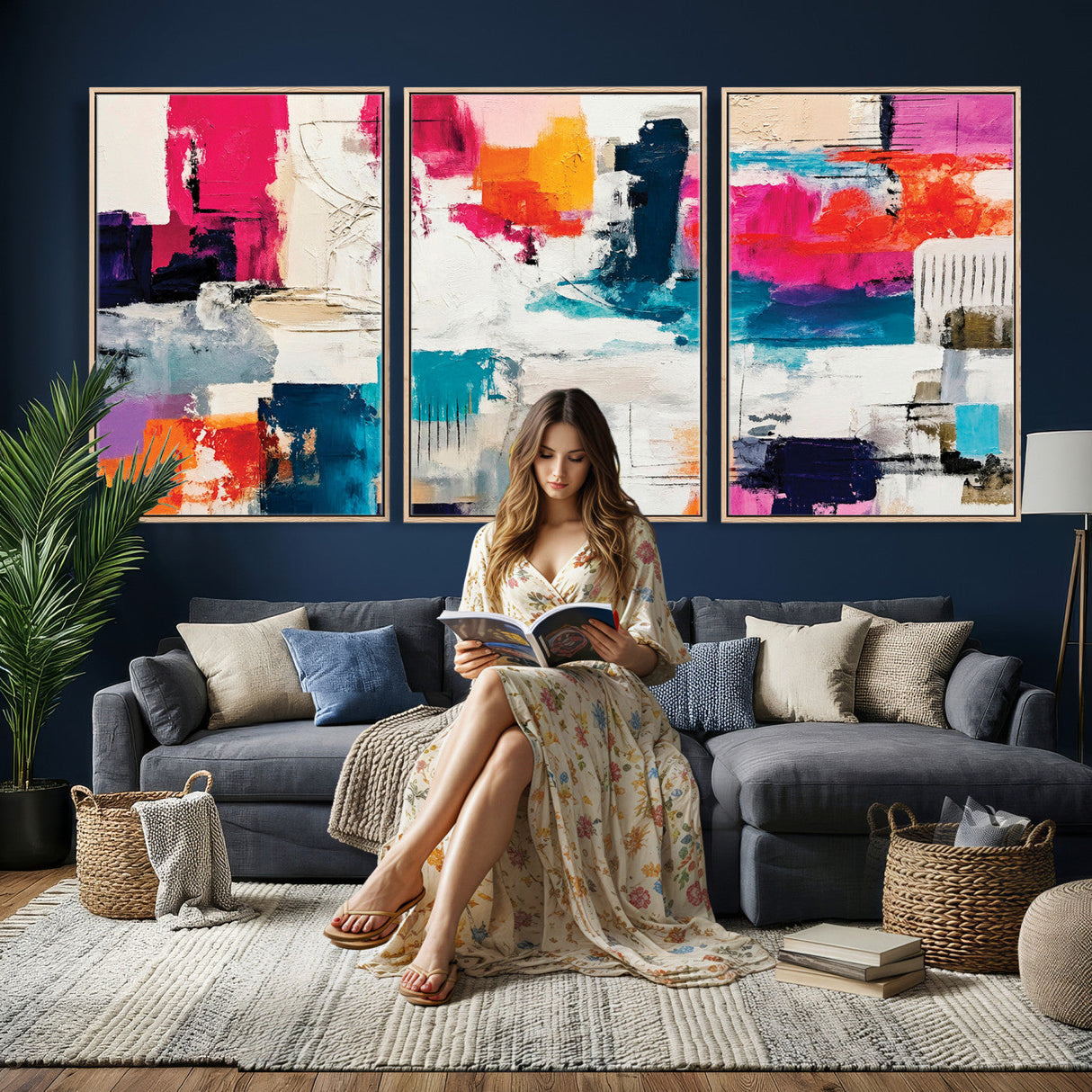 Blue Teal Abstract Canvas Wall Art, Modern Textured Painting Print, Navy Orange White Contemporary Art, Neutral Living Room Decor, Office Art