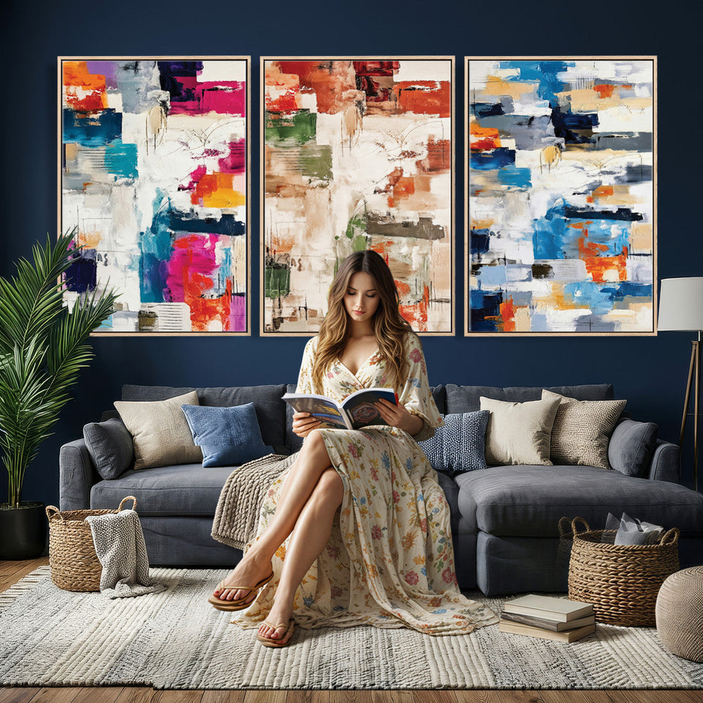 Blue Teal Abstract Canvas Wall Art, Modern Textured Painting Print, Navy Orange White Contemporary Art, Neutral Living Room Decor, Office Art