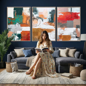 Blue Teal Abstract Canvas Wall Art, Modern Textured Painting Print, Navy Orange White Contemporary Art, Neutral Living Room Decor, Office Art