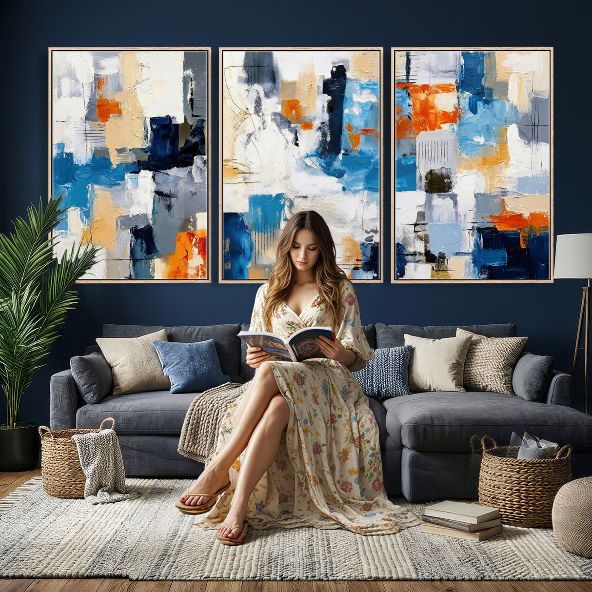 Blue Teal Abstract Canvas Wall Art, Modern Textured Painting Print, Navy Orange White Contemporary Art, Neutral Living Room Decor, Office Art