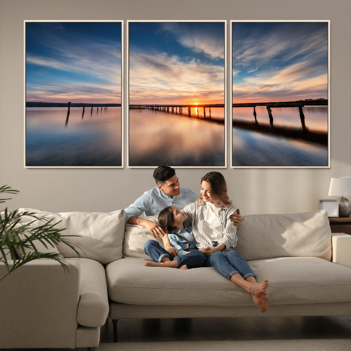 Wooden Pier on Seascape and Sunset Wall Art Canvas Print