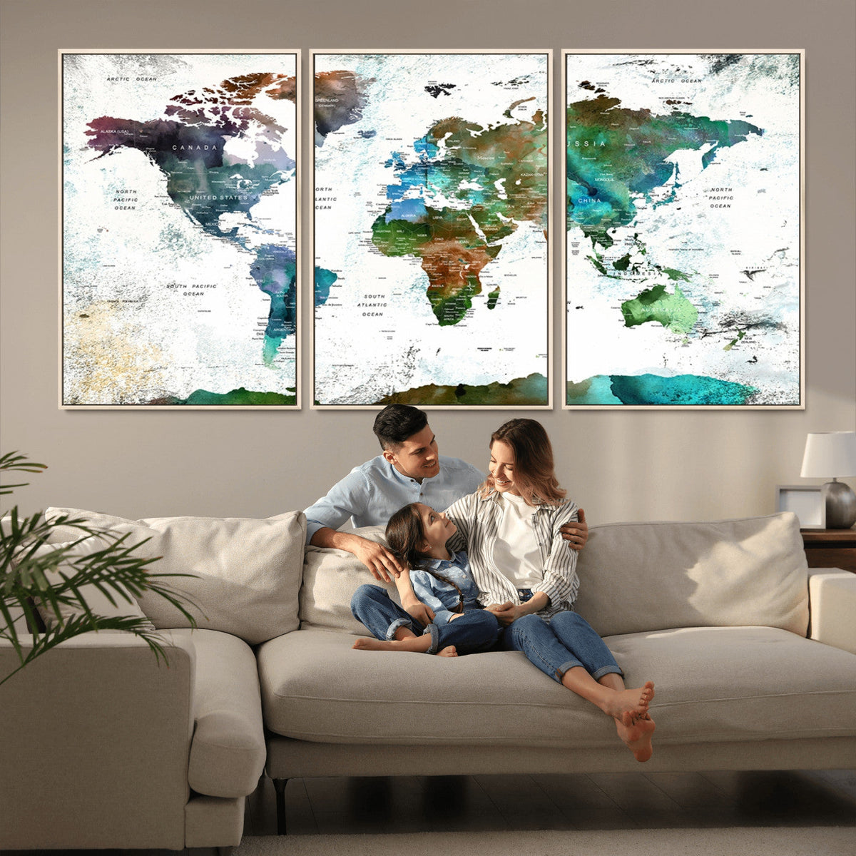 Modern Watercolor World Map Canvas Wall Art – Framed