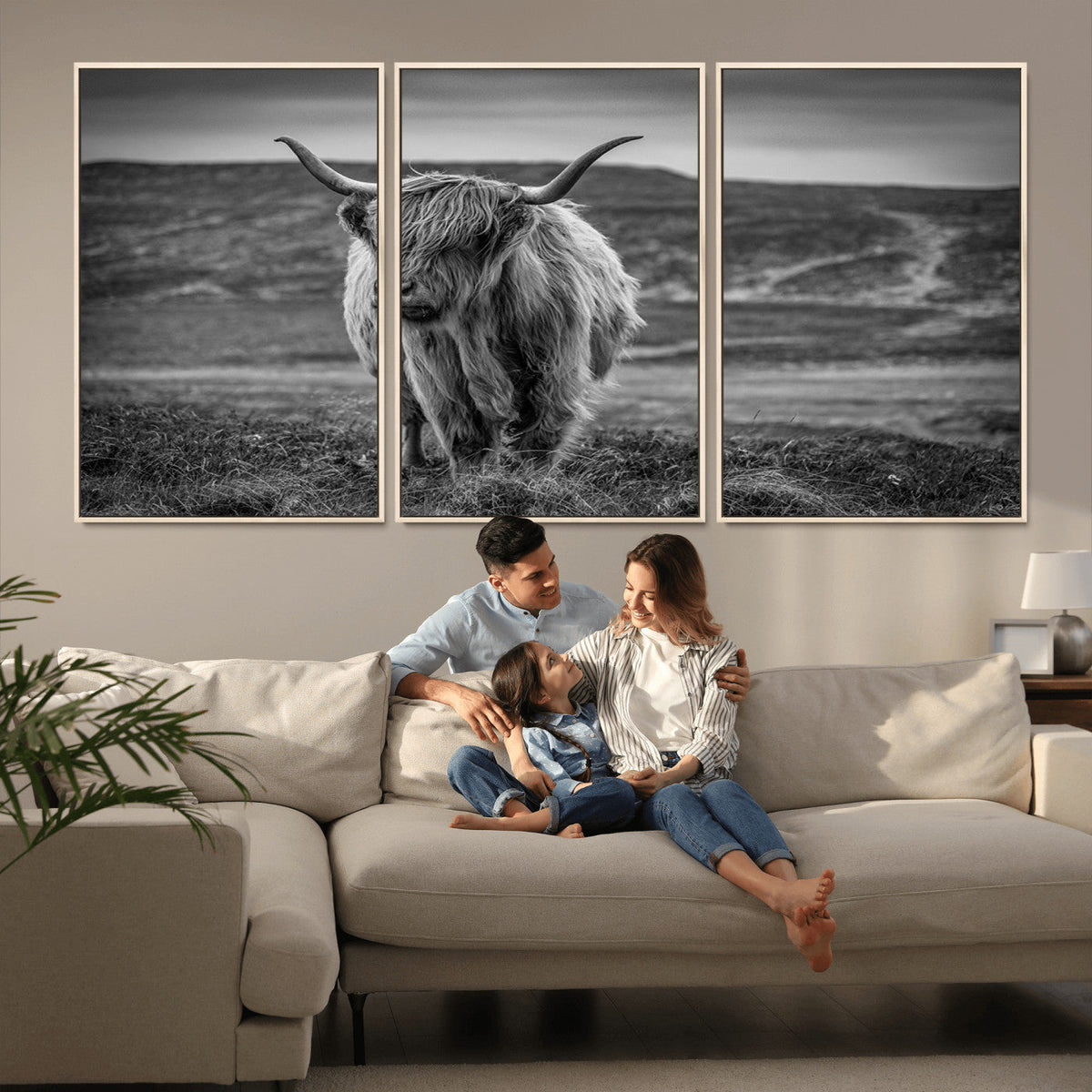 Fluffy Cattle Wall Art Print, Highland Cow Canvas, Framed