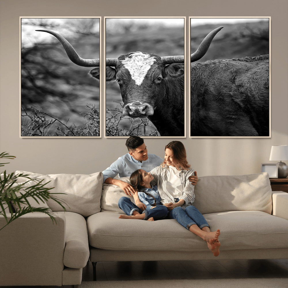 Western Home Wall Art Canvas Print, Framed Texas Longhorn