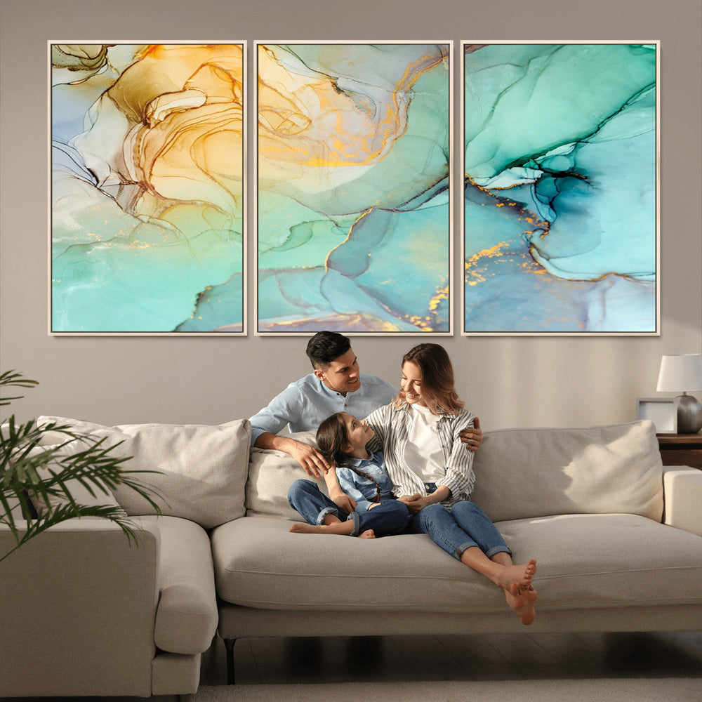 Abstract Aqua and Gold Fluid Wall Art Canvas | 3 Panel Large