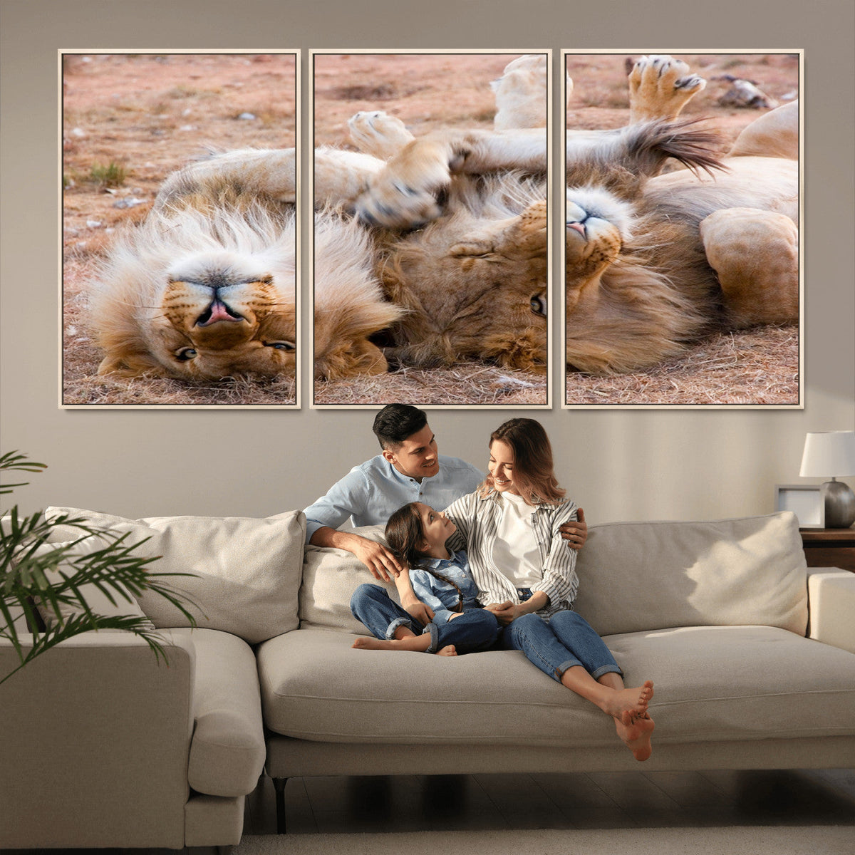 Lion Pair Wall Art Canvas Print – Framed Wildlife Scene with