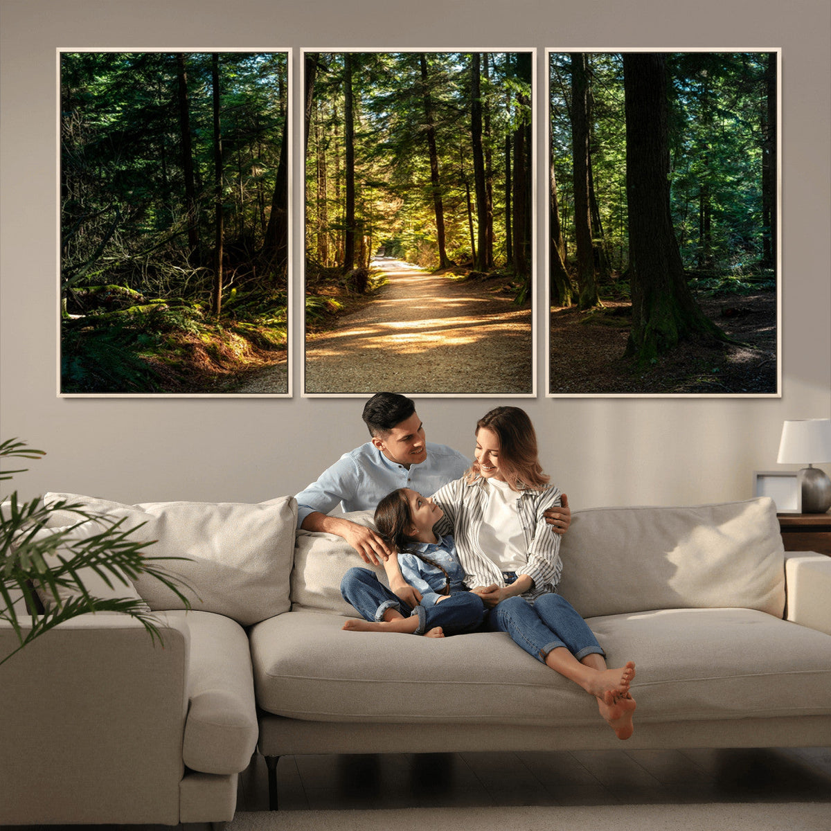 Sunlit Forest Pathway Canvas Print | 3 Panel Large Nature