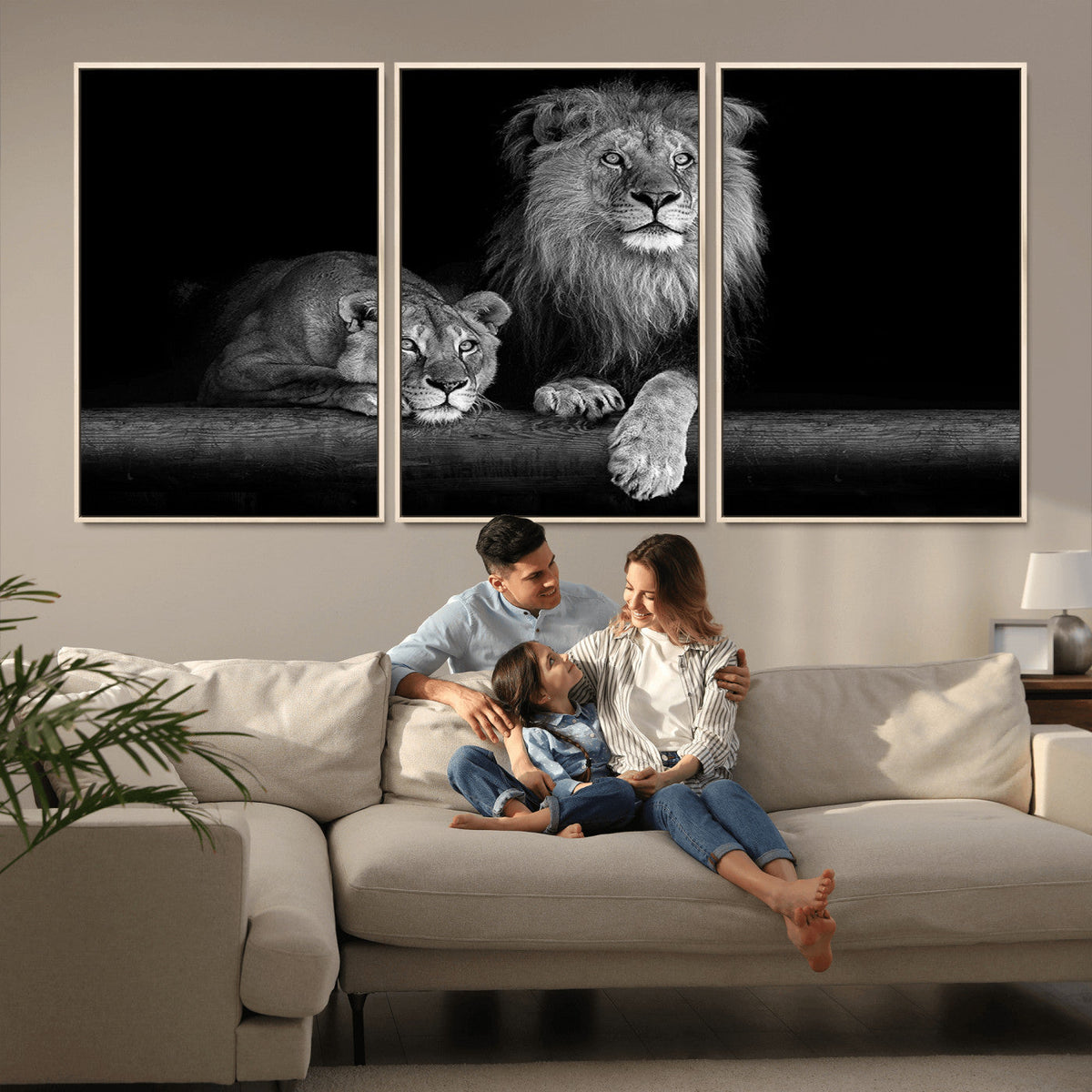 Large Black and White Lion Couple Wall Art Canvas Print –
