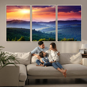 Beautiful Sunset over Hills Forest Landscape Canvas Wall Art