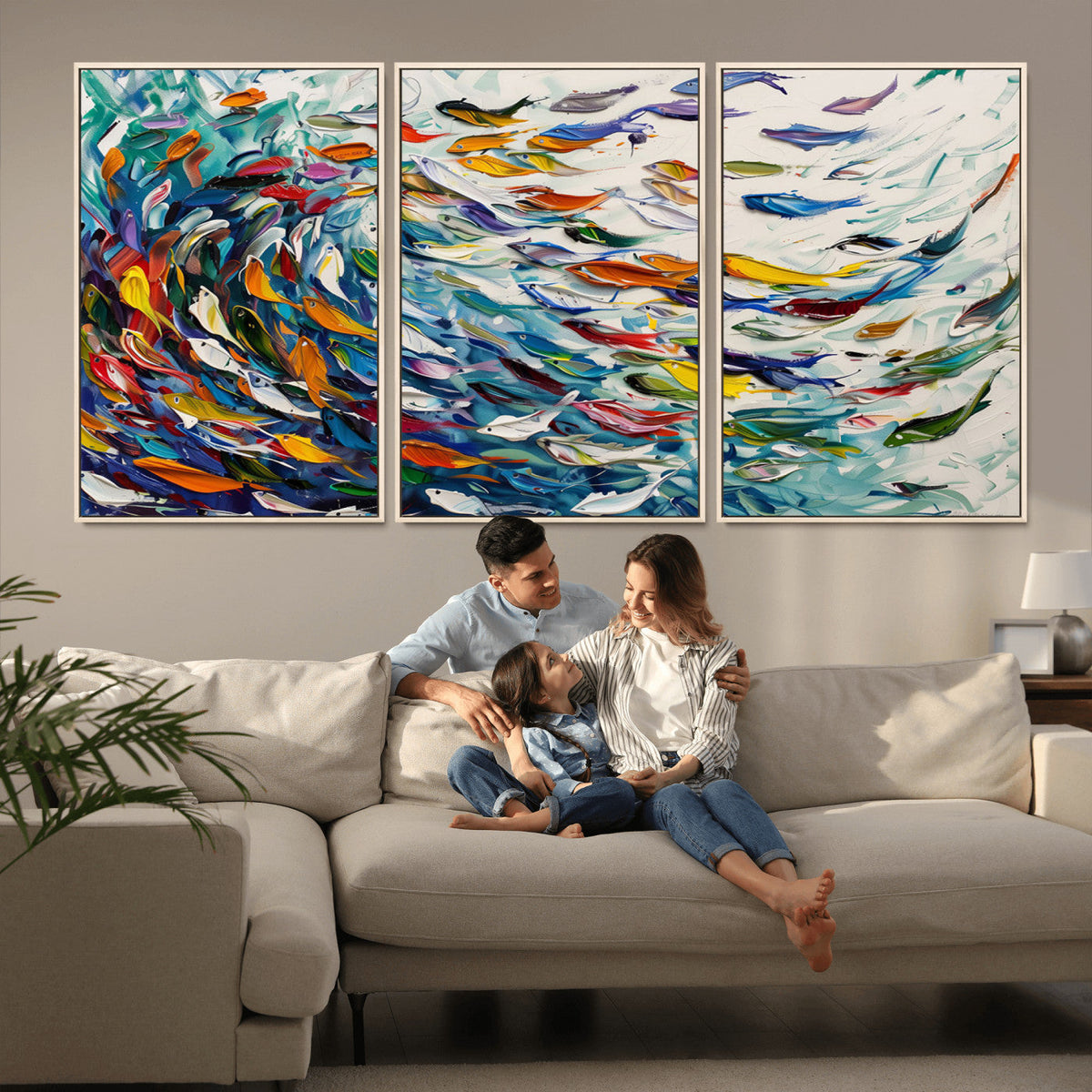 Modern Abstract Fish Shoal Wall Art Canvas Print, Colorful