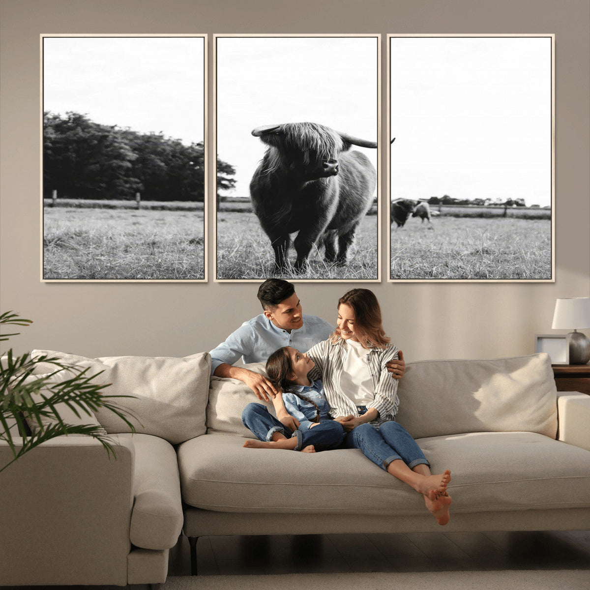 Black and White Highland Cow Wall Art Canvas Print | Rustic