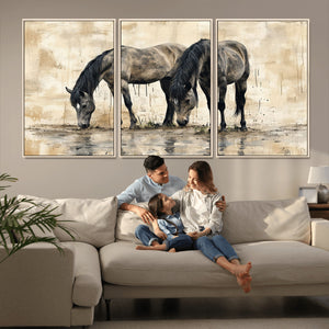 Chinese Style Abstract Black Horses Wall Art Canvas Print -