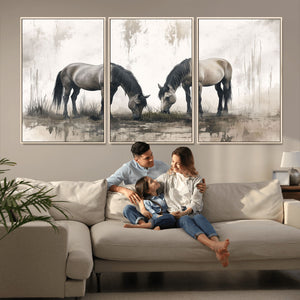 Chines Ink Style Vintage Horses Wall Art Canvas Print for