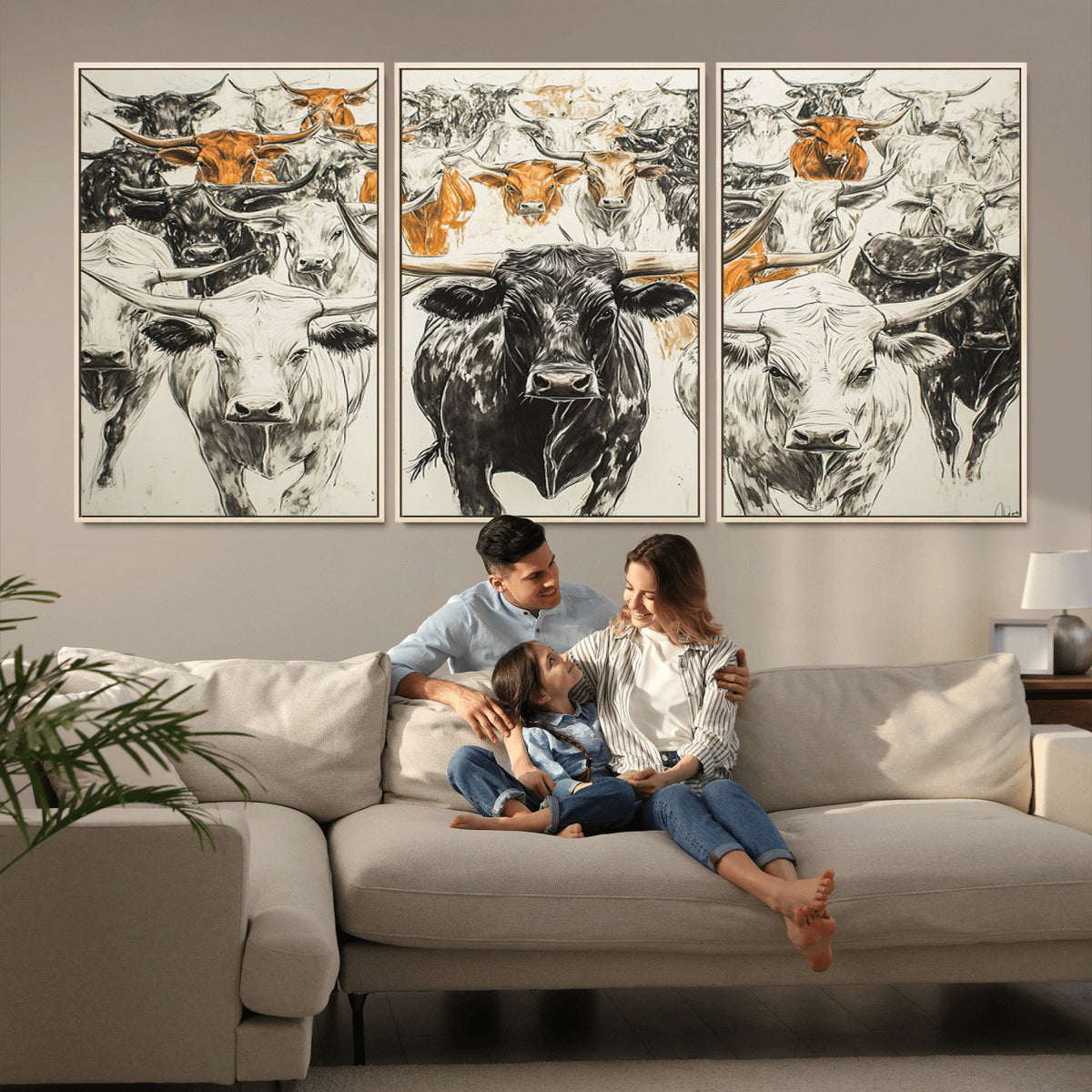 Farmhouse Wall Art | Western Longhorn Cattle Canvas Print |