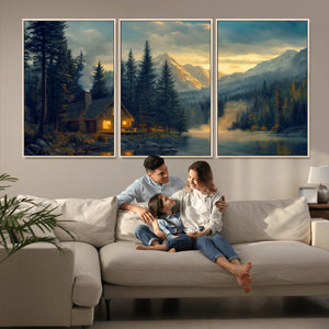 Mountain Cabin by the Lake at Sunset Wall Art - Serene