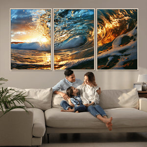 Ocean Wave at Sunset Canvas Wall Art – Vibrant Coastal Beach