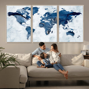 Modern Blue World Map Canvas Print – Framed Wall Art,