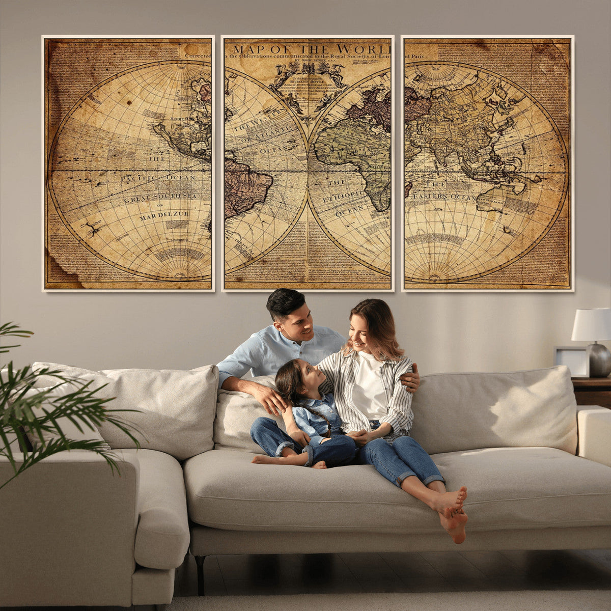 Vintage World Map Wall Art Canvas – Antique Style Push Pin
