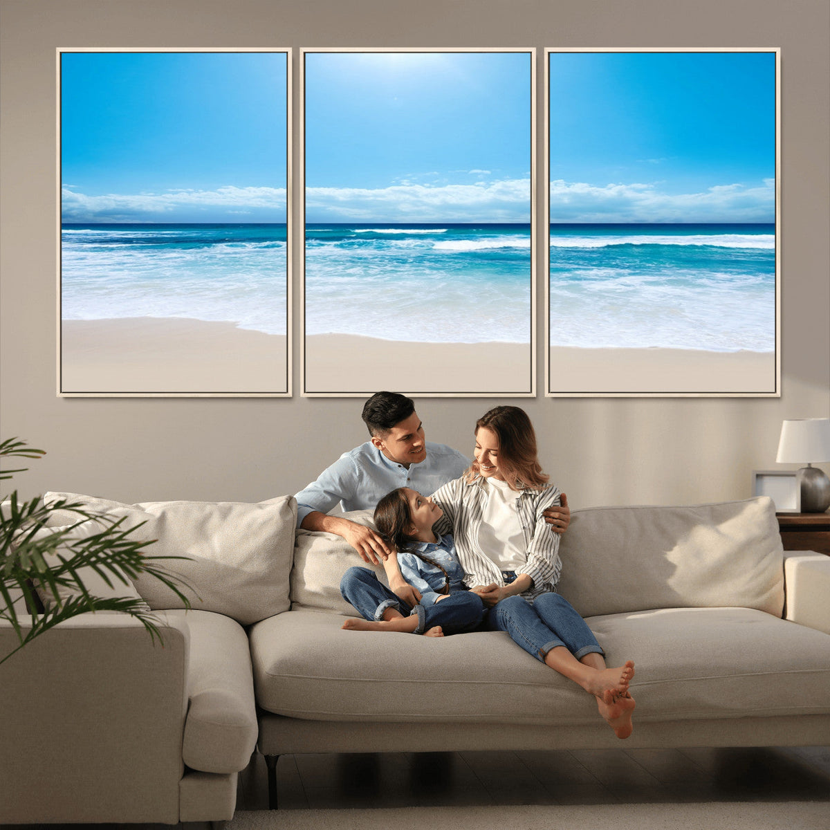 Wall Art Canvas Print Shiny Blue Sea and Beach
