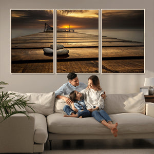 Stones on Wooden Pier at Sunset Canvas Print, Serene Coastal