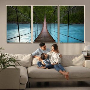 Suspension Bridge Over River Canvas Art | 3-Panel Nature