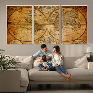 Vintage World Map Canvas Print – Antique Push Pin Travel
