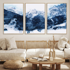 Abstract Blue Mountain Canvas Wall Art – Modern Triptych
