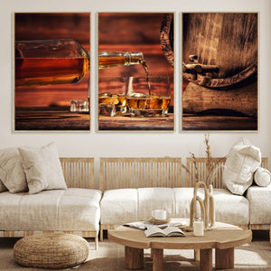 Whiskey and Cigar Canvas Wall Art | 3 Panel Bar Room Decor