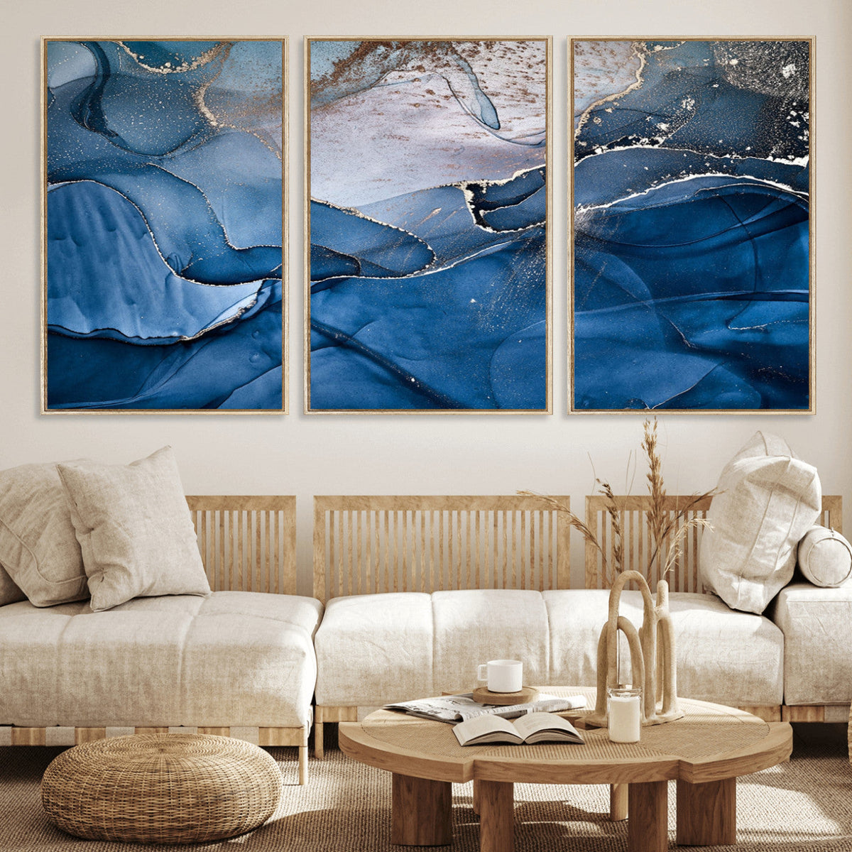Navy Blue Canvas Art Abstract Print – Elegant Triptych