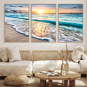 Sunset Beach Waves Canvas Wall Art – 5-Panel Ocean Sunset