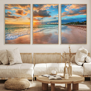 Sunset Ocean Waves on Tropical Beach, 3-Panel Giclee Canvas