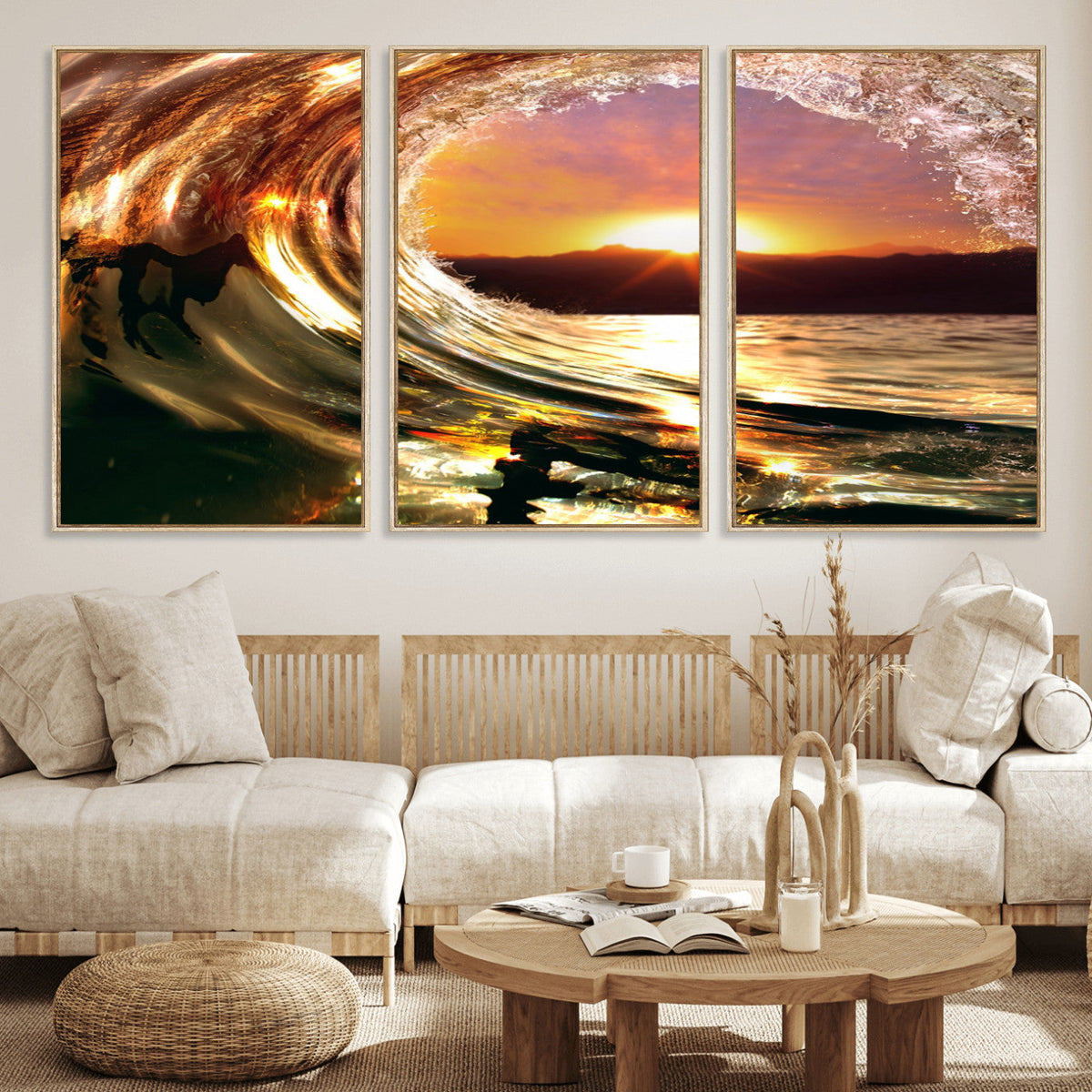 Golden Wave Sunset Triptych Canvas Art, Giclee Canvas Print