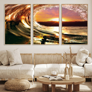 Golden Wave Sunset Triptych Canvas Art, Giclee Canvas Print