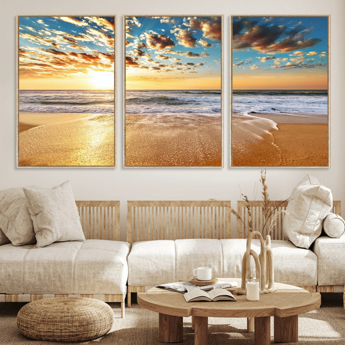 Golden Sunset Beach Print Canvas Wall Art, Giclee Canvas