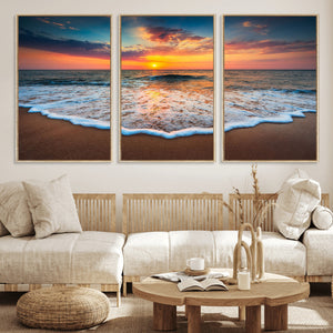 Sunset Beach Canvas Wall Art – Colorful Ocean Waves Triptych