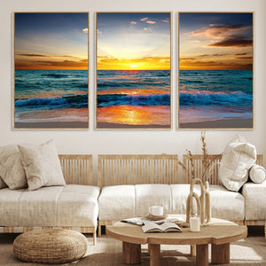 Vibrant Ocean Sunrise Over Golden Beach Waves, Giclee Canvas